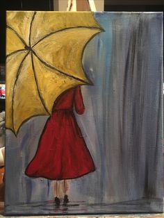 a painting of a woman in a red dress holding an umbrella on a rainy day