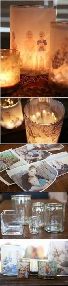 candles and pictures are on display in glass bowls, with the light reflecting off them