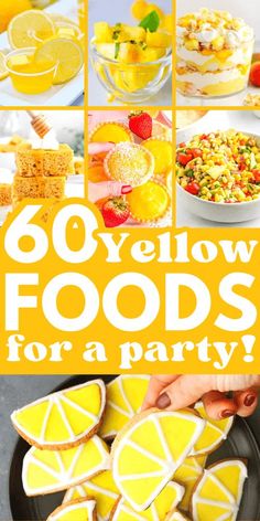 Yellow Foods for Party Sunshine Food Ideas, Yellow Party Food, Yellow Food Ideas, Yellow Drinks, Yellow Desserts, Yellow Picnic