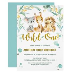 an animal themed first birthday party card