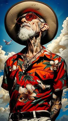 a painting of an old man wearing a cowboy hat and red shirt with flowers on it