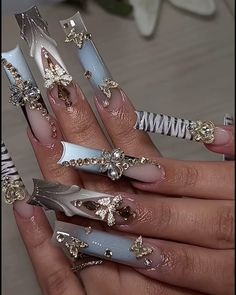 Artist on instagram: @setsbynat Demure Nail Designs, Baddie Square Nails, Complicated Nails, Rich Off Nails, Nail Inspo Long Square, Pom Pom Nails, Purple Bling Nails, White Bling Nails, Boujee Nails Acrylic Long