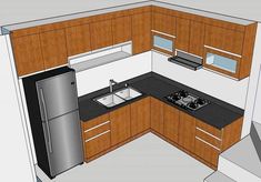 a drawing of a kitchen with wooden cabinets and black counter tops, an oven, dishwasher, sink and refrigerator