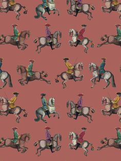 an image of people riding horses on a pink background