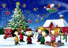 charlie brown christmas card with snoop and friends around the tree in front of a snow - covered house