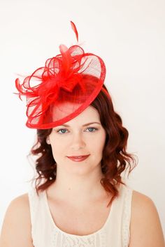 Red Fascinator, Tea Party Hat, Church Hat, Kentucky Derby Hat, Fancy Hat, Red Hat, Tea Party Hat, we Red Hat Club, Winter Hat Outfit, Kate Middleton Hats, Hat Tea Party, Red Fascinator, Sinamay Fascinator, Red Hat Society, Hat Wedding, Church Hat