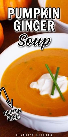 a bowl of pumpkin ginger soup with sour cream