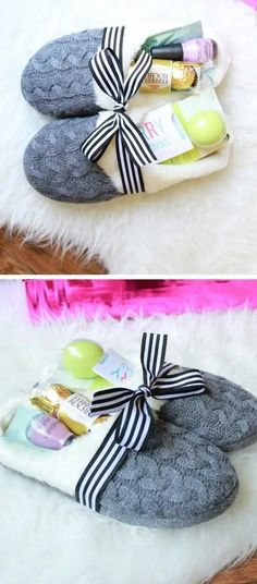 two pictures of slippers with various items on them