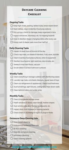 a cleaning checklist with the words, daycare cleaning checklist written in it