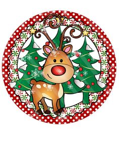 a plate with a reindeer on it and christmas decorations around the edges, in red and white polka dots