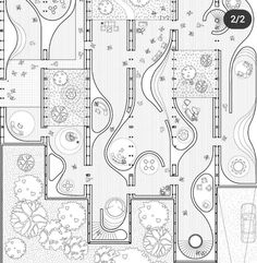 a drawing of a garden with lots of trees and plants in it, including flowers