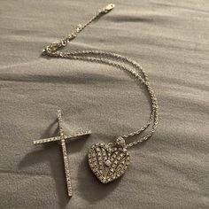 Elegant Cubic Zirconia Accented Heart Locket Pendant & Cross Necklace Fashioned In Sterling Silver. Heart Locket, Cross Pendant, Locket, Womens Jewelry Necklace, Cross Necklace, Cubic Zirconia, Jewelry Necklaces, Necklaces, Women Jewelry