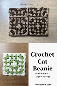 the crochet cat beanie pattern is shown in three different colors and sizes