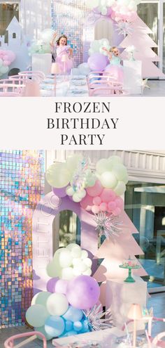 a frozen birthday party with balloons and streamers