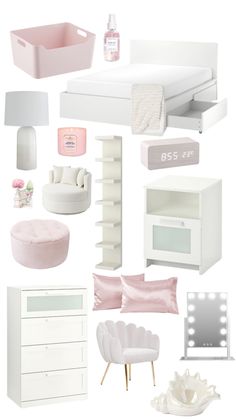 a collage of white furniture and accessories including a bed, dresser, mirror, chair, table, lamp, night stand