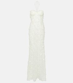 Bridal sequined halterneck tulle gown in white - Rotate | Mytheresa Long Reception Dress For Bride, Pearl Embellished Wedding Dress, Long Reception Dress, White Rhinestone Dress, Reception Dress For Bride, Reception Dress Long, Sequin Wedding Dress, Dress For Bride, Spring Knitwear