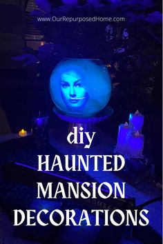 the words diy lighted mansion decorations are in front of a blue background with an image of a woman's face