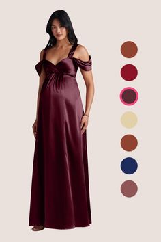 a woman in a long dress standing next to color swatches and the image shows an off - shoulder gown