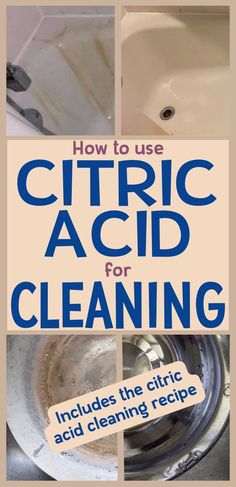 Pin text reads "how to use citric acid for cleaning - includes the citric acid cleaning recipe". Top left before image is a white bathtub covered in rust stains; top right after image is a shiny clean white bathtub after using citric acid to clean bathtub. Bottom left image is dirty stainless steel pet water dish covered in hard water stains; bottom right image is shiny clean pet dish after using citric acid for cleaning stainless steel. Citric Acid Cleaner, Cleaning Humidifier, Cleaning Showers, Cleaning Bathtub, Citric Acid Uses, Diy Shower Cleaner, Cleaning Washing Machine, Cleaning Toilets, Home Cleaning Remedies