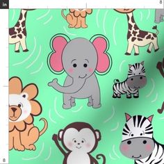 an elephant, giraffe, zebra and monkey pattern on a green background