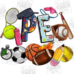 an image of the word sport written with sports related items and objects to spell it out