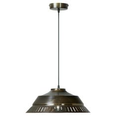 an antique brass pendant light fixture on a white background