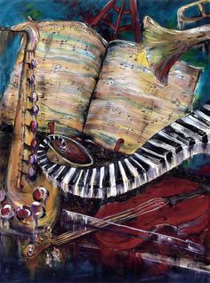 a painting of a musical instrument and piano