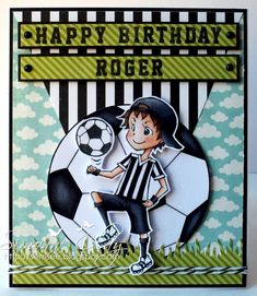 a birthday card with a boy holding a soccer ball