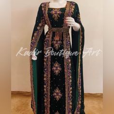 Velvet Material Green Embellished Kaftan For Evening, Green Embellished Evening Kaftan, Evening Green Embellished Kaftan, Wedding Kaftan, Velvet Material, Hand Beading, Beautiful Hand, Wedding Dresses, Velvet