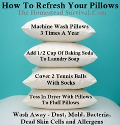 four pillows stacked on top of each other with the words how to refresh your pillows