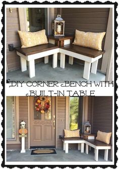 diy corner bench with built - in table for the front porch or entryway