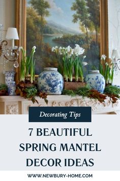 a fireplace mantel decorated with blue and white vases, flowers and greenery