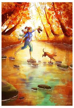 a painting of a woman and her dog crossing a river