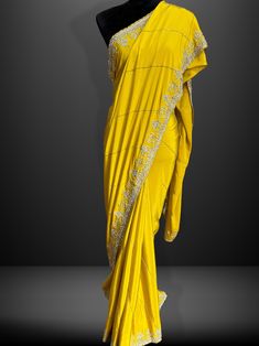 yellow saree crepe silk handwork zarkan border designer wedding party wear, comes with pre stitched blouse Wedding Party Wear, Yellow Saree, Designer Wedding, Wedding Designs, Party Wear, Wedding Party, Art Collection, Bathing Beauties, Saree