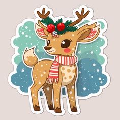 a sticker with a deer wearing a scarf and reindeer antlers on it's head