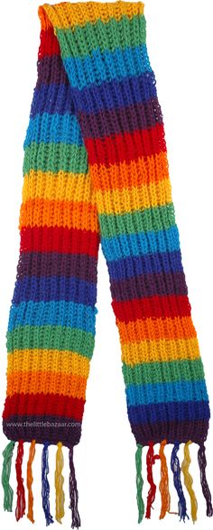 a multicolored knitted scarf with tassels