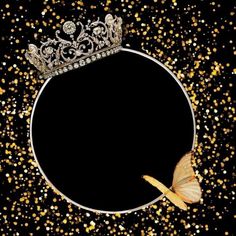 a golden butterfly with a tiara on it's head in front of a black background