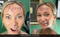 two pictures of a woman with the words kevin on her face and an open mouth