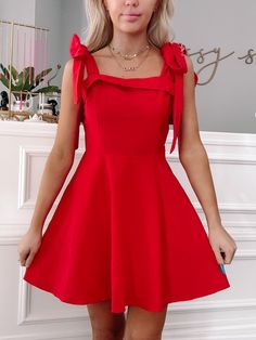 Girls Who Twirl Red Dress | Sassy Shortcake Hoco Dress Loose, Cotton Mini Dresses With Bow Straps, Cotton Mini Dress With Bow Straps, Red Summer Dress With Bow, Red Summer Dress With Bow Tie Back, Red Hoco Dress, Red Hoco, Sassy Shortcake, Patriotic Dresses