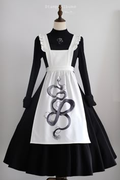 Witches' Daily Life Black High Neck Long Sleeves Lolita OP / Snake Print Ruffle Trim Apron Ruffle Skirt Long, Snake Embroidery, Large Snake, School Uniform Kids, Snake Pattern, Maid Outfit, Snake Patterns, Black Snake