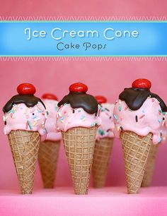 three ice cream cones with chocolate and sprinkles on top, lined up against a pink background