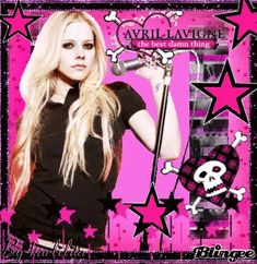 a girl with long blonde hair holding a microphone in front of pink stars and skulls