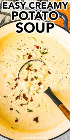 creamy potato soup in a white bowl with a wooden spoon on the side and text overlay that reads easy creamy potato soup