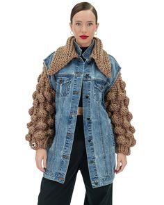 Bubble Sleeve Jacket – Mumshandmade Diy Fashion Upcycle, Denim Top Women, Unique Jackets, Denim Wear, Voluminous Sleeves, Upcycle Jeans, How To Purl Knit, Chunky Cardigan, Bubble Sleeve