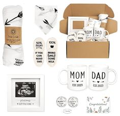 the gift box is filled with personalized items for mom and dad, including mugs, mitts, socks, napkins, and more