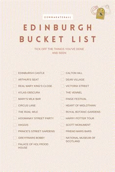 the edinburgh bucket list is shown in pink and white with an orange border around it