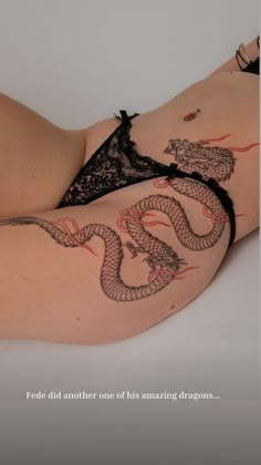 Tatoos Woman Ideas Back, Flame Hip Tattoo, Thighs Tattoos For Women, Hip Tattoos Women Dragon, Hip Dragon Tattoo, Hips Tattoo Women, Dragon Tattoo On Hip, Dragon Tattoo Thigh, Dragon Tattoo On Back