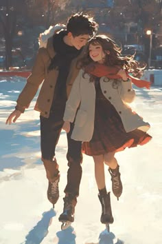 two people standing in the snow with their arms around each other