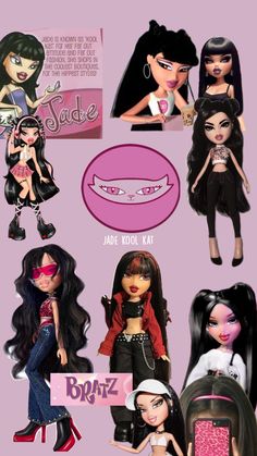 barbie dolls with different hair styles and accessories on pink background, all in various poses