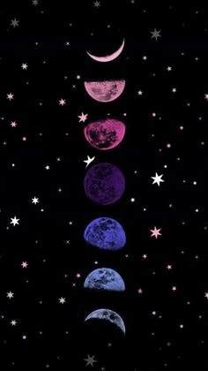 the phases of the moon and stars are shown in purple, blue, and pink